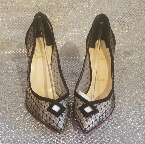 Louboutin Black Lace and Suede Neoalto 100mm Dentelle Resille Complete Set - Picture 4 of 14